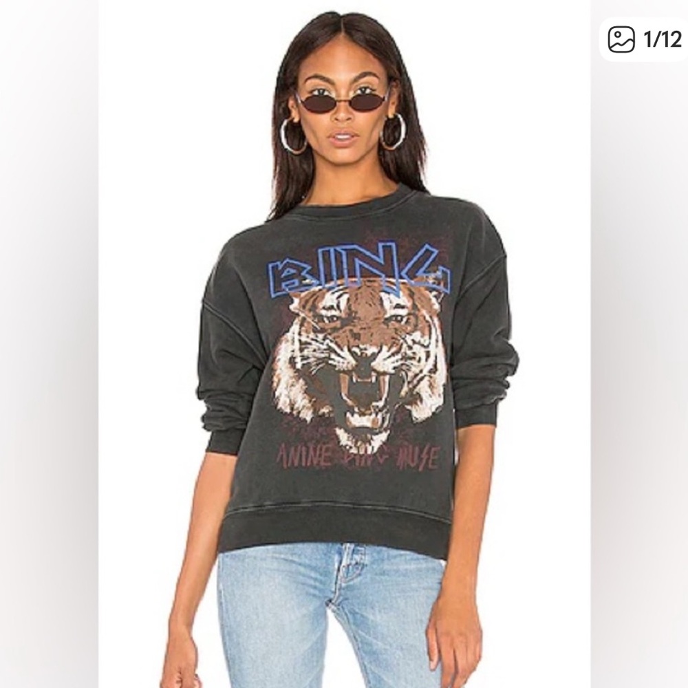 Anine Bing Black Graphic Sweatshirt Relaxed Fit Tiger Print XS